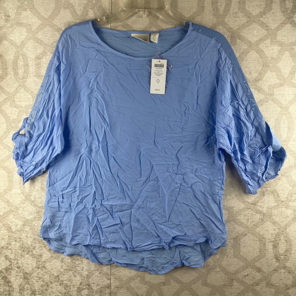 Chico's Glimmer Accent Gigi Top Women Size 0 S Fairview Blue NWT Sequin Rayon